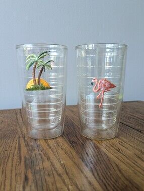 🌴🦩Palm Tree Flamingo Tervis Insulated Tumblers Embroidered Set Of 2 Cups 16 oz